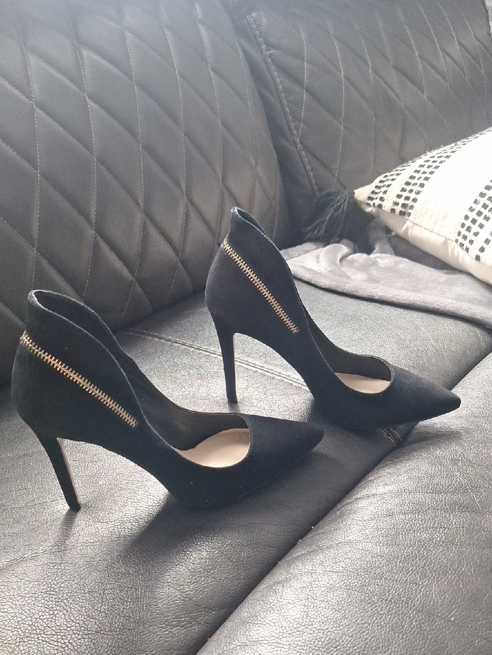 Nine West Black Pointed Toe Stiletto Heels with Gold Zipper Accent